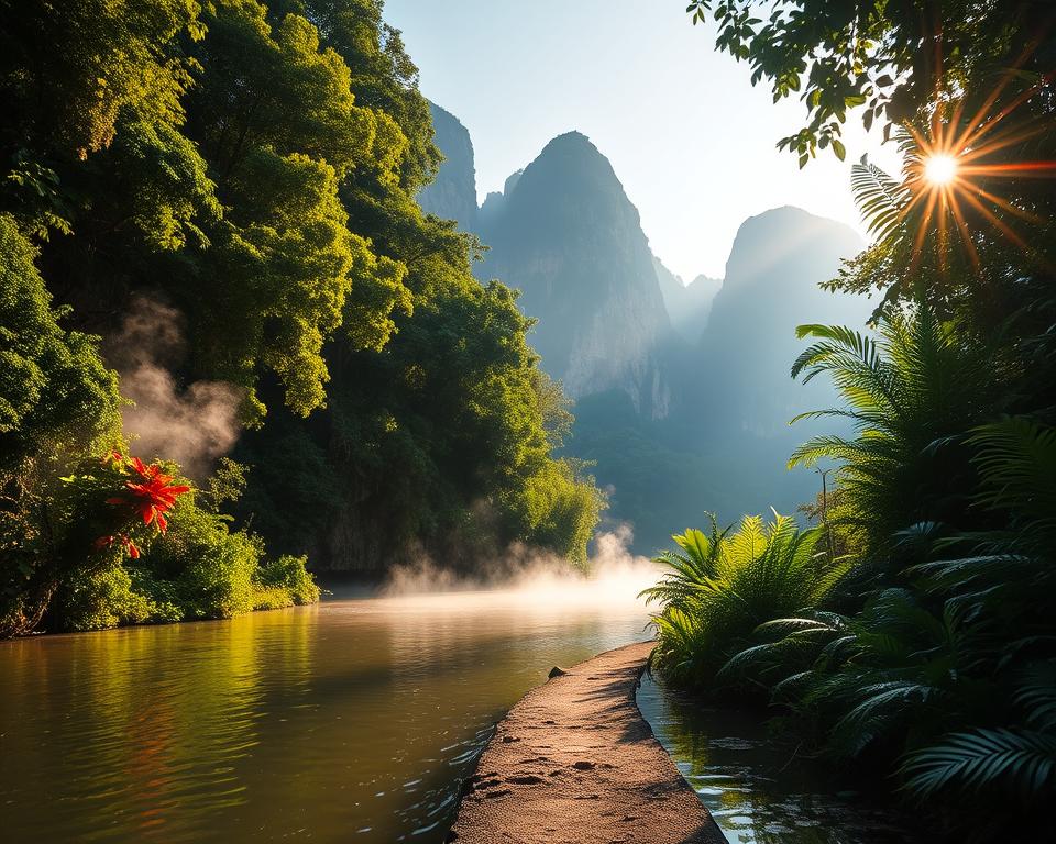 A serene view of the River Kwai surrounded by lush, vibrant jungle foliage, with towering limestone cliffs rising majestically in the background. In the foreground, gentle ripples dance on the river’s surface, reflecting the warm light of a late afternoon sun filtering through the dense tree canopy. Mist softly rises from the water, creating an ethereal atmosphere. A narrow footpath leads through the greenery, offering a glimpse of exotic flowers and ferns. The sunlight casts dappled patterns on the ground, enhancing the tranquil mood of this natural paradise. Capture the essence of adventure and serenity, showcasing the harmony between the river, dense jungle, and striking karst formations, all bathed in soft, golden hour lighting.