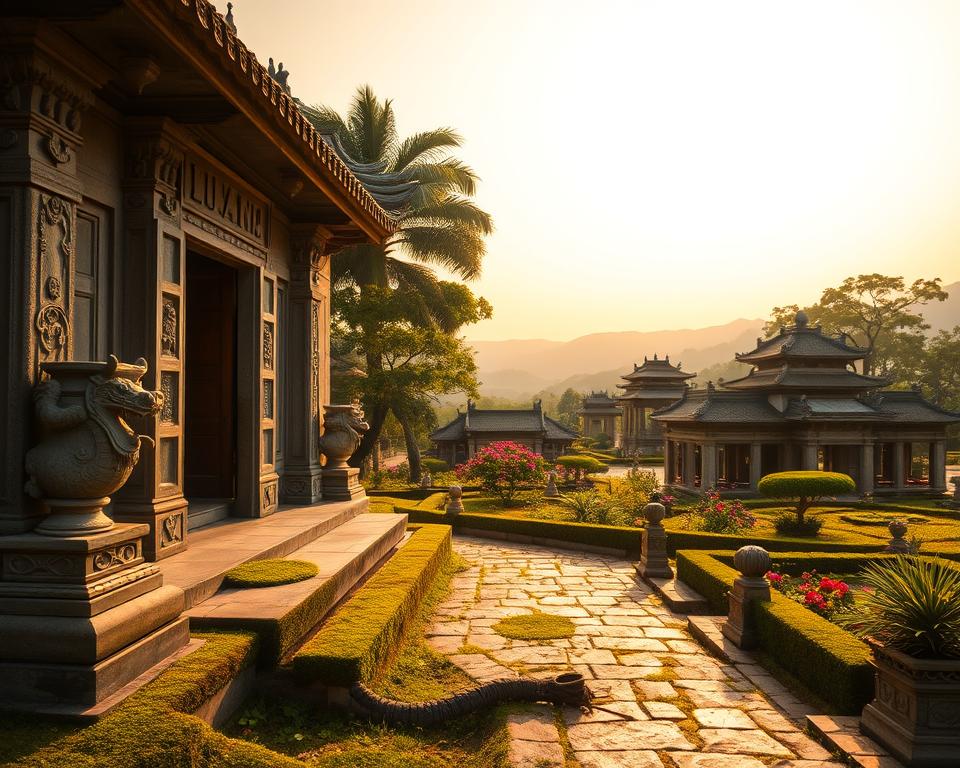 A serene view of the royal tombs in Hue, Vietnam, showcasing intricate carvings and lush gardens. In the foreground, ornate stone sculptures and moss-covered pathways lead to a majestic entrance adorned with dragon motifs. The middle ground features a series of impressive tomb structures with traditional Vietnamese architecture, set amidst vibrant flowers and trees, capturing the essence of the imperial era. In the background, gentle hills and clear skies illuminate the scene with warm, golden sunlight, creating a tranquil atmosphere. The composition is captured in a wide-angle perspective to highlight the grandeur and elegance of the tombs, evoking a sense of historical significance and peaceful reflection.