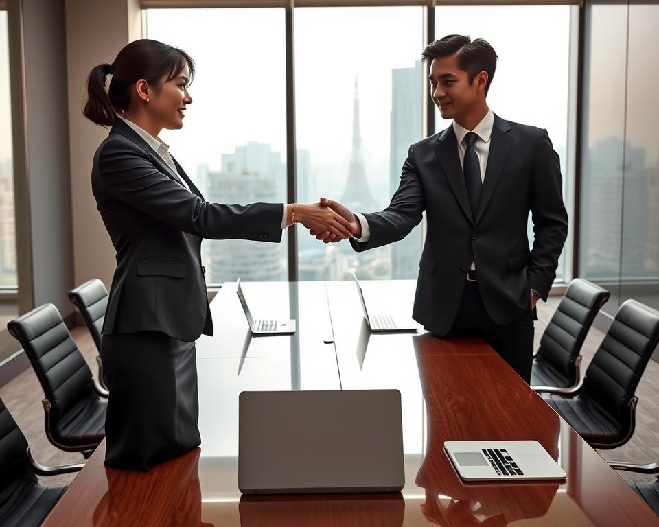 A sleek, modern office environment in Japan, emphasizing business etiquette. In the foreground, two professionals in smart business attire engage in a respectful handshake, showcasing traditional Japanese power dynamics and respect. One is a Japanese woman in a tailored suit, exuding confidence, while the other is a foreign man in a classic business suit, illustrating cross-cultural interaction. The middle ground features a polished conference table with a few contemporary business accessories, like laptops and a notepad. In the background, tall windows reveal a view of the Tokyo skyline, bathed in soft, natural light that creates a welcoming atmosphere. The overall mood is one of professionalism, respect, and cultural nuance, perfect for illustrating business etiquette in Japan.