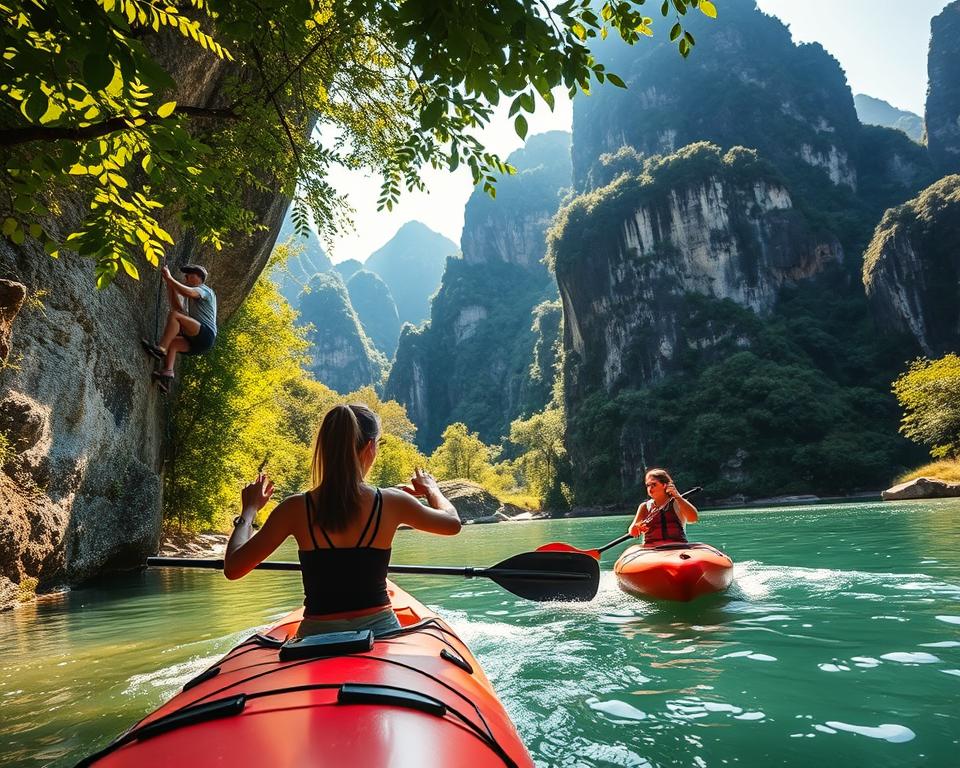 A stunning depiction of adventurous activities in Phong Nha-Ke Bang National Park, Vietnam. In the foreground, a group of four tourists in modest, casual clothing are engaged in a thrilling exploration, with one person kayaking down a crystal-clear river, while another is rock climbing on a limestone cliff. The middle ground showcases lush greenery and towering karst mountains, highlighted by the play of dappled sunlight filtering through the leaves. In the background, a network of caves is partially visible, hinting at spelunking adventures waiting to be discovered. The scene is illuminated with warm, natural lighting to evoke a sense of excitement and exploration, captured from a low angle to emphasize the grandeur of the landscape. The overall atmosphere should be exhilarating and inviting, enticing viewers to experience the park's wonders. A stunning depiction of adventurous activities in Phong Nha-Ke Bang National Park, Vietnam. In the foreground, a group of four tourists in modest, casual clothing are engaged in a thrilling exploration, with one person kayaking down a crystal-clear river, while another is rock climbing on a limestone cliff. The middle ground showcases lush greenery and towering karst mountains, highlighted by the play of dappled sunlight filtering through the leaves. In the background, a network of caves is partially visible, hinting at spelunking adventures waiting to be discovered. The scene is illuminated with warm, natural lighting to evoke a sense of excitement and exploration, captured from a low angle to emphasize the grandeur of the landscape. The overall atmosphere should be exhilarating and inviting, enticing viewers to experience the park's wonders.