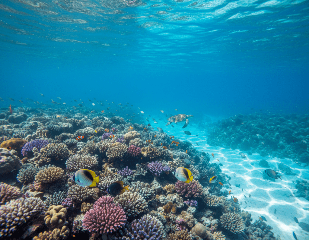 A stunning underwater scene of the Kerama Blue sea, showcasing a vibrant coral reef bustling with marine life. In the foreground, colorful tropical fish dart around the corals, including butterflyfish and clownfish, adding splashes of orange and yellow. The middle ground features intricately structured coral formations teeming with life, surrounded by the gentle movement of clear turquoise water. In the background, the sunlight filters down through the water, creating shimmering patterns on the sandy ocean floor. The atmosphere is peaceful and serene, evoking a sense of escape and tranquility. The lighting is bright and natural, emphasizing the vivid colors and clarity of the underwater world. Use a wide-angle lens perspective to capture the expansive beauty of this vibrant seascape.