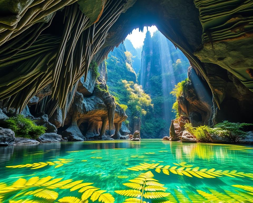 A stunning view of Phong Nha Cave in the Phong Nha-Kẻ Bàng National Park, Vietnam. In the foreground, crystalline clear water reflects the dramatic stalactites and stalagmites that adorn the cave entrance, showcasing intricate natural formations. The middle ground features lush green ferns and moss, adding contrast to the rock formations. In the background, towering limestone cliffs rise majestically, partially covered in dense tropical foliage. Soft, filtered sunlight streams through the cave opening, casting warm golden tones against the cool, damp rock surfaces, creating an enchanting atmosphere. The scene is framed from a slightly upward angle, emphasizing the grandeur of the cave's entrance and the surrounding landscape, inviting viewers into this breathtaking natural wonder. A stunning view of Phong Nha Cave in the Phong Nha-Kẻ Bàng National Park, Vietnam. In the foreground, crystalline clear water reflects the dramatic stalactites and stalagmites that adorn the cave entrance, showcasing intricate natural formations. The middle ground features lush green ferns and moss, adding contrast to the rock formations. In the background, towering limestone cliffs rise majestically, partially covered in dense tropical foliage. Soft, filtered sunlight streams through the cave opening, casting warm golden tones against the cool, damp rock surfaces, creating an enchanting atmosphere. The scene is framed from a slightly upward angle, emphasizing the grandeur of the cave's entrance and the surrounding landscape, inviting viewers into this breathtaking natural wonder.