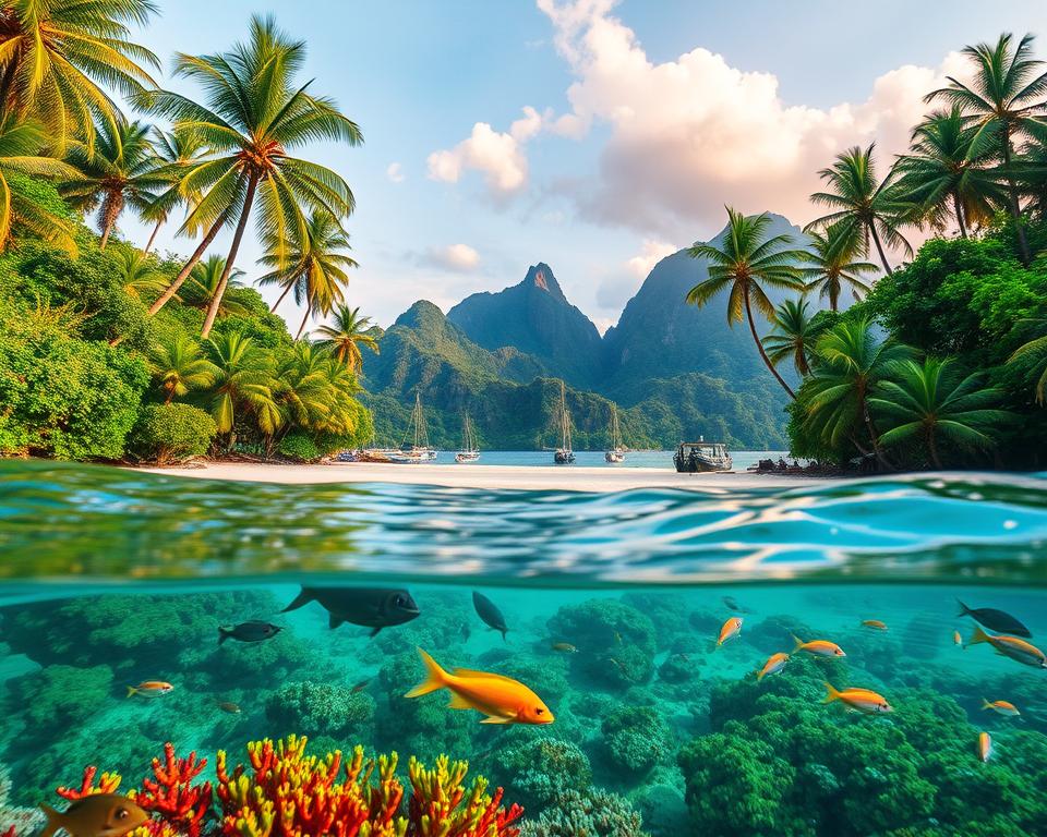 A stunning view of Pulau Tioman Meerespark in Malaysia, showcasing lush tropical greenery and crystal-clear turquoise waters. In the foreground, vibrant coral reefs with exotic fish swim gracefully between colorful marine flora. The middle ground features a sandy beach dotted with gentle waves and a few small fishing boats. Tall palm trees sway lightly in the breeze, framing the scene. In the background, majestic mountains rise abruptly, their peaks shrouded in soft, white clouds. The lighting captures a warm golden hour glow, casting a serene and inviting atmosphere. The image composition is from a slightly elevated vantage point, emphasizing the island's pristine beauty and natural harmony. A stunning view of Pulau Tioman Meerespark in Malaysia, showcasing lush tropical greenery and crystal-clear turquoise waters. In the foreground, vibrant coral reefs with exotic fish swim gracefully between colorful marine flora. The middle ground features a sandy beach dotted with gentle waves and a few small fishing boats. Tall palm trees sway lightly in the breeze, framing the scene. In the background, majestic mountains rise abruptly, their peaks shrouded in soft, white clouds. The lighting captures a warm golden hour glow, casting a serene and inviting atmosphere. The image composition is from a slightly elevated vantage point, emphasizing the island's pristine beauty and natural harmony.
