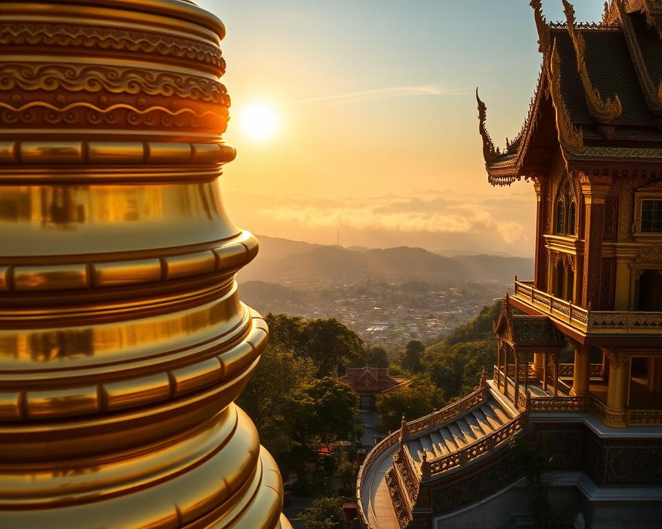 A stunning view of Wat Phra That Doi Suthep, Chiang Mai's iconic temple, nestled on the mountainside. In the foreground, capture the intricate golden stupa reflecting the sunlight, adorned with traditional Thai patterns. The middle ground features lush greenery and the temple's ornate structures, showcasing detailed carvings and colorful tile work. In the background, a panoramic view of Chiang Mai city is visible, with misty mountains beyond, enhancing the scene's depth. Soft, warm lighting highlights the golden hues of the temple during the late afternoon, creating a serene atmosphere. A slightly elevated angle provides a sense of grandeur, emphasizing this sacred site as a spiritual haven.
