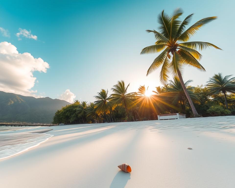 A stunning view of the beautiful beaches of Langkawi, Malaysia, showcasing soft white sand stretching along the serene coastline. In the foreground, gentle waves lap at the shore with a few seashells scattered on the sand. The middle ground features lush green palm trees swaying lightly in a warm breeze, casting dappled shadows on the beach. In the background, a clear azure sky with a few fluffy white clouds enhances the tranquil atmosphere. The sun is setting, casting a golden hue over the scene, reflecting off the water. Capture this idyllic moment using a wide-angle lens for an immersive feel, and warm, natural lighting to evoke a peaceful, relaxing vacation vibe. A stunning view of the beautiful beaches of Langkawi, Malaysia, showcasing soft white sand stretching along the serene coastline. In the foreground, gentle waves lap at the shore with a few seashells scattered on the sand. The middle ground features lush green palm trees swaying lightly in a warm breeze, casting dappled shadows on the beach. In the background, a clear azure sky with a few fluffy white clouds enhances the tranquil atmosphere. The sun is setting, casting a golden hue over the scene, reflecting off the water. Capture this idyllic moment using a wide-angle lens for an immersive feel, and warm, natural lighting to evoke a peaceful, relaxing vacation vibe.