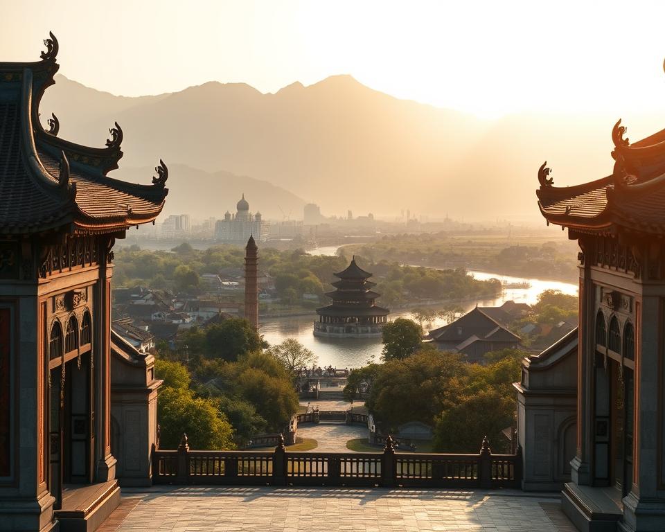 A stunning view of the historic city of Hue in Vietnam, showcasing its most significant landmarks. In the foreground, capture the ornate gates of the Imperial City, richly decorated with traditional Vietnamese patterns. In the middle ground, include the iconic Thien Mu Pagoda, gracefully standing by the Perfume River with lush greenery surrounding it. The background should feature the majestic mountains that frame the skyline. The scene is bathed in warm, golden sunlight, creating a serene and inviting atmosphere. Use a wide-angle lens to emphasize the scale of the architecture and nature. The overall mood conveys a sense of history and cultural richness, inviting viewers to explore the beauty of Hue's heritage.