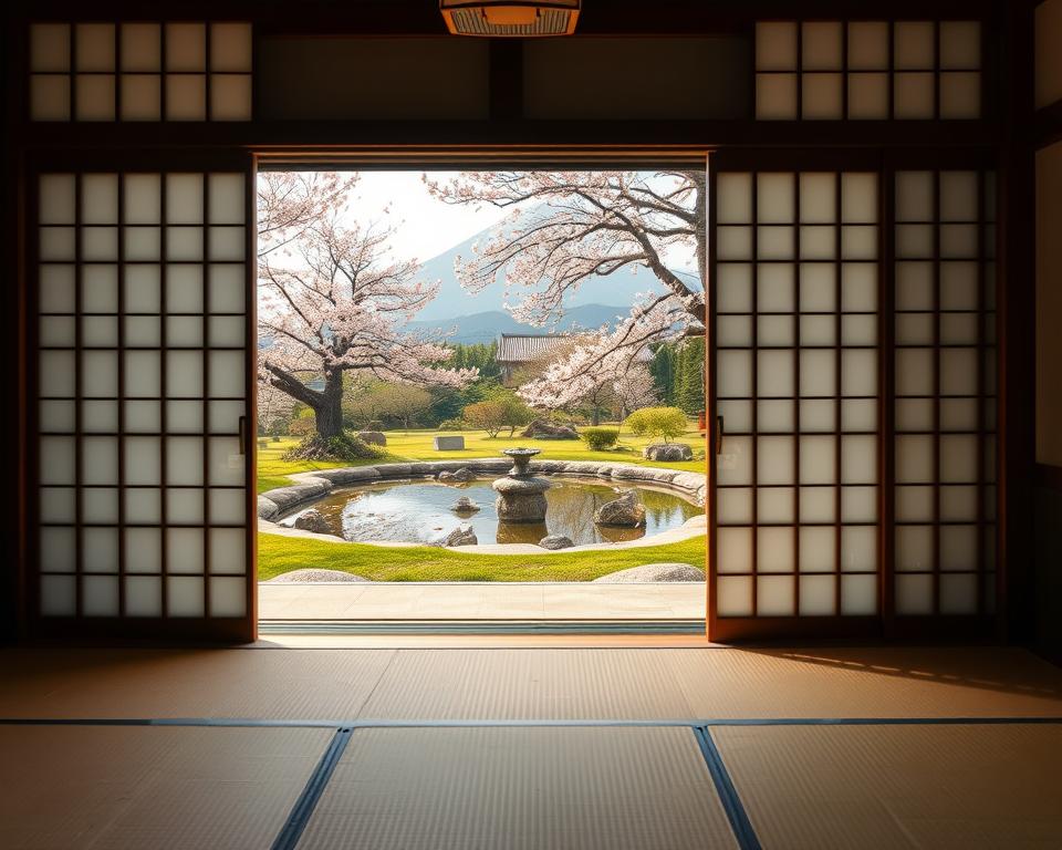 A traditional Japanese inn, or ryokan, nestled amidst a serene landscape, showcasing the charm of Japanese accommodations. In the foreground, a beautifully arranged tatami room with sliding shoji doors open to reveal a serene garden outside. Soft natural light filters through the doors, creating a warm and inviting atmosphere. In the middle ground, a tranquil koi pond reflects the surrounding cherry blossom trees, their petals softly falling, symbolizing the beauty of Japan. The background features a picturesque mountain view, adding depth to the scene. The mood is peaceful and relaxing, perfect for travelers eager to experience traditional Japanese hospitality. Captured from a slightly elevated angle with a focus on the intricate details of the architecture and nature, the image conveys a sense of calm and welcoming warmth.