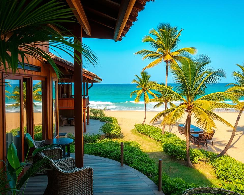 A tranquil scene of beach accommodation in Tangalle, Sri Lanka, featuring a charming coastal boutique resort. In the foreground, a cozy veranda with wicker chairs and tropical plants, inviting relaxation. The middle section showcases the resort's elegant wooden architecture, with large windows reflecting the ocean view. Surrounding the resort, lush greenery and palm trees create a serene atmosphere. The background captures the stunning turquoise waves gently lapping against the golden sandy beach, under a clear blue sky. The lighting is warm, evoking a golden hour feel, enhancing the tranquil mood. The image should convey a sense of paradise and luxury, ideal for peaceful stays close to nature.