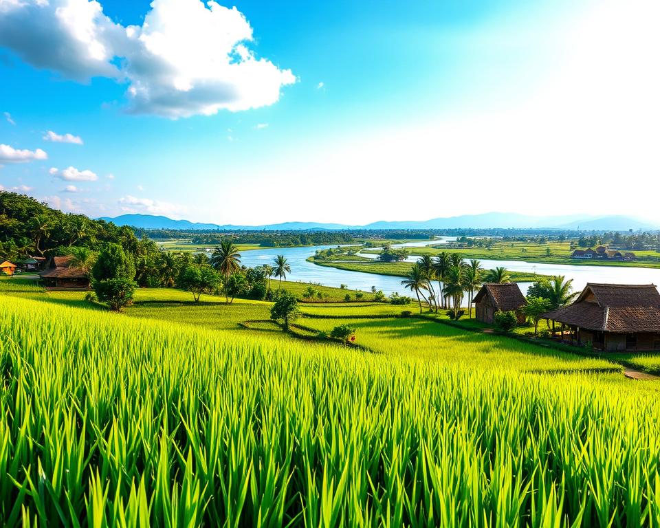 A tranquil scene of southern Vietnam, featuring a lush green landscape with rice paddies in the foreground, reflecting the rich agricultural essence of the region. Just beyond, a winding river flows gently, flanked by palm trees and small wooden boats. The midground includes quaint villages with traditional thatched-roof houses, showcasing the local culture. In the background, the distant silhouette of the Annamite Mountains looms under a clear blue sky, dotted with fluffy white clouds. Soft, warm sunlight bathes the scene, creating a serene and inviting ambiance. The angle captures the expanse of nature, evoking a sense of peace and harmony, perfect for illustrating the beauty of southern Vietnam.