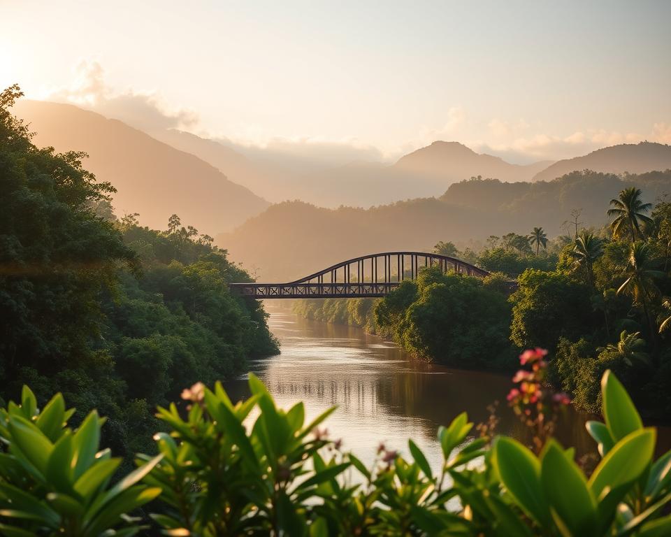 A tranquil view of the River Kwai during the golden hour, with warm sunlight reflecting on the water's surface. In the foreground, lush greenery gently frames the riverbanks, featuring vibrant tropical plants and delicate flowers. The middle ground showcases the iconic wooden bridge over the river, elegantly arched and surrounded by rich, dense jungle. In the background, misty mountains and hills rise, their peaks partially obscured by soft clouds. The atmosphere is serene and inviting, evoking a sense of adventure and natural beauty. The lighting creates a warm, peaceful vibe, perfect for capturing the essence of this picturesque destination. No people are present, allowing the landscape to take center stage, emphasizing the untouched beauty of the area.