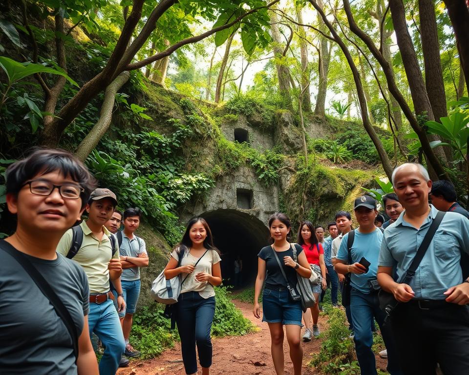 A tranquil yet powerful scene depicting the Cu-Chi Tunnels in Vietnam, set within a lush, verdant jungle. In the foreground, a group of diverse tourists in casual yet modest clothing, with expressions of curiosity and engagement, are exploring the tunnels. The middle ground showcases the intricately camouflaged entrance to the tunnel, with vibrant greenery intertwining with the structure. In the background, towering trees create a canopy overhead, allowing dappled sunlight to filter through, casting gentle shadows across the ground. The atmosphere is one of adventure and historical significance, inviting the viewer to experience the depth of Vietnam's wartime history. The image should be captured from a low angle, emphasizing both the tunnels and the wonder on the tourists’ faces, in soft, natural lighting to evoke warmth and intrigue.