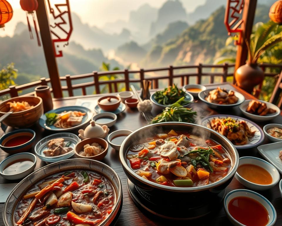 A vibrant Hunan cuisine scene in Zhangjiajie, featuring a table lavishly set with colorful traditional dishes. In the foreground, a steaming bowl of spicy hotpot with various ingredients like fresh vegetables, tender meats, and fragrant spices, alongside plates of crispy duck and vibrant stir-fried greens. In the middle ground, a wooden table is adorned with traditional Chinese tableware and utensils, surrounded by an array of flavorful dipping sauces. The background showcases the lush mountainous landscape of Zhangjiajie, with misty peaks and rich greenery, creating a serene ambiance. The lighting is warm, with soft, golden hour sunlight filtering through, casting gentle shadows and enhancing the colors of the dishes. The mood is inviting and authentic, embodying the culinary magic of Hunan in this picturesque setting.