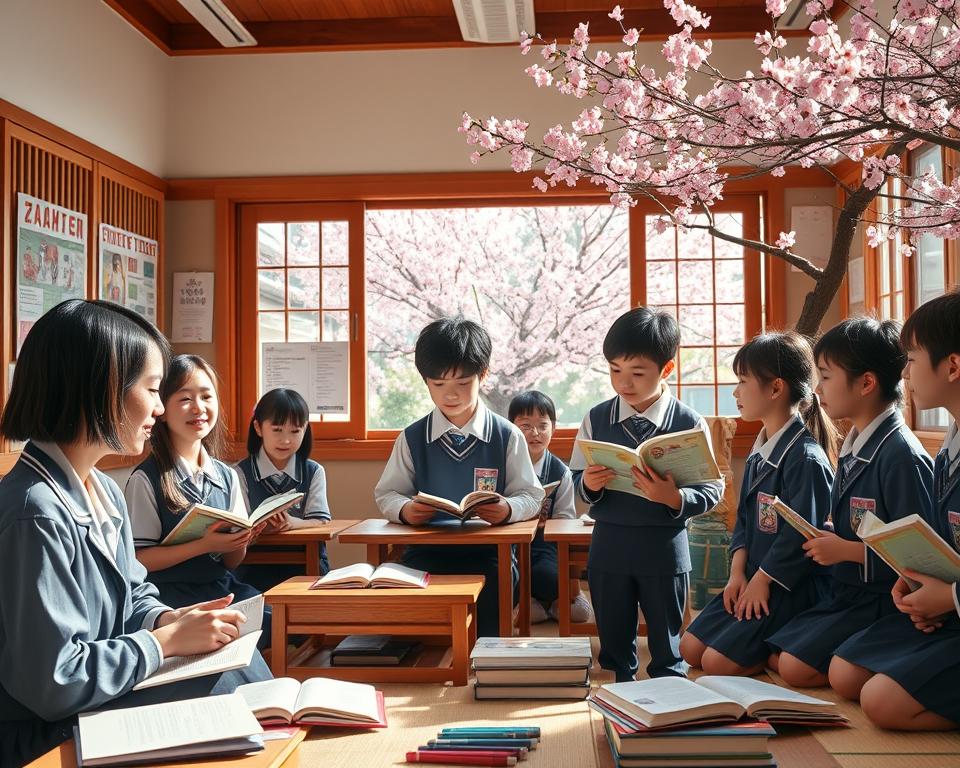 A vibrant Japanese school scene during daytime, capturing the essence of education and cultural values. In the foreground, a group of students dressed in smart school uniforms is engaged in a lively discussion, with books and traditional school supplies scattered around them. The middle ground features a traditional wooden classroom with sliding shoji doors and tatami mats, lined with educational posters that highlight Japanese culture. In the background, cherry blossom trees are in full bloom, visible through the open windows, casting soft pink petals inside. The lighting is bright and warm, creating a cheerful atmosphere, while the composition is shot from a slightly elevated angle to provide depth. Soft shadows enhance the tranquil and engaged mood of this harmonious educational setting.
