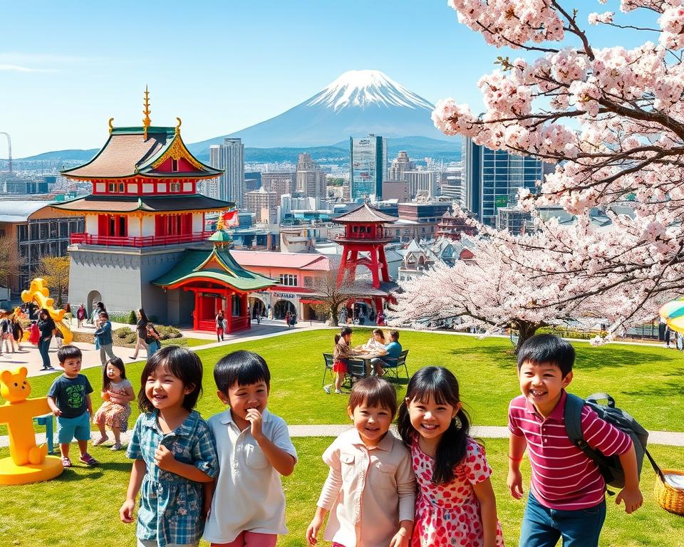 A vibrant and lively scene showcasing family-friendly attractions in Japan. In the foreground, children of diverse backgrounds are joyfully playing at a colorful park, featuring a traditional Japanese castle and playful statues. In the middle, a family is enjoying a picnic on a green lawn, surrounded by cherry blossoms in full bloom, capturing the essence of Japan’s natural beauty. In the background, a bustling cityscape harmonizes modern architecture with historical structures, while Mount Fuji stands majestically in the distance. The lighting is bright and cheerful, suggesting a sunny day, with soft shadows adding depth. The atmosphere is warm and lively, filled with laughter and the sense of adventure, inviting families to explore and create lasting memories.