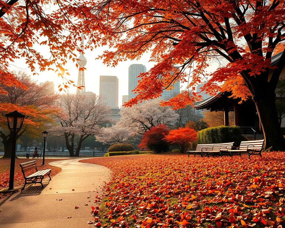 A vibrant autumn scene in Tokyo, featuring a picturesque park filled with colorful autumn leaves in shades of red, orange, and yellow. In the foreground, a serene pathway lined with benches invites visitors to enjoy the scenery, while scattered leaves create a natural carpet. The middle ground showcases elegant cherry blossom trees, their leaves brilliant against the skyline of modern Tokyo, with traditional Japanese architecture peeking through in the background. Use soft, warm lighting to evoke a tranquil atmosphere during a golden hour sunset, casting gentle shadows. The scene should capture a sense of peacefulness and beauty, ideal for experiencing Tokyo's rich seasonal transformation. The camera angle is slightly elevated to provide a sweeping view of the entire landscape.