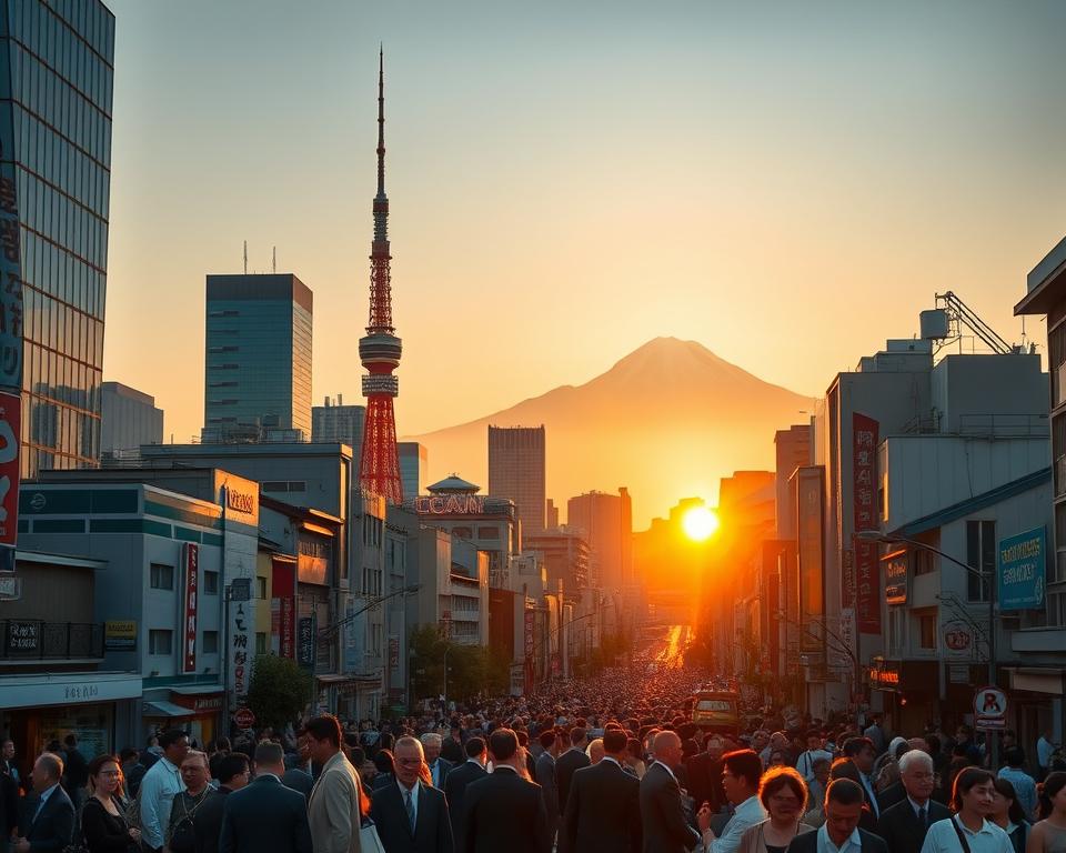 A vibrant cityscape of Tokyo at sunset, showcasing a mix of modern skyscrapers and traditional architecture. In the foreground, a bustling street filled with people dressed in professional and smart casual attire, adding life to the scene. The middle ground features iconic landmarks such as Tokyo Tower and the Tokyo Skytree, softly illuminated as the sun sets behind them. In the background, the silhouette of Mount Fuji rises against a hazy sky, symbolizing Japan’s natural beauty. The lighting is warm and golden, casting long shadows and creating an inviting atmosphere. The angle is slightly elevated, offering a panoramic view of the city, capturing the energy and dynamism of Tokyo, perfect for inspiring travelers on their journey through Japan.