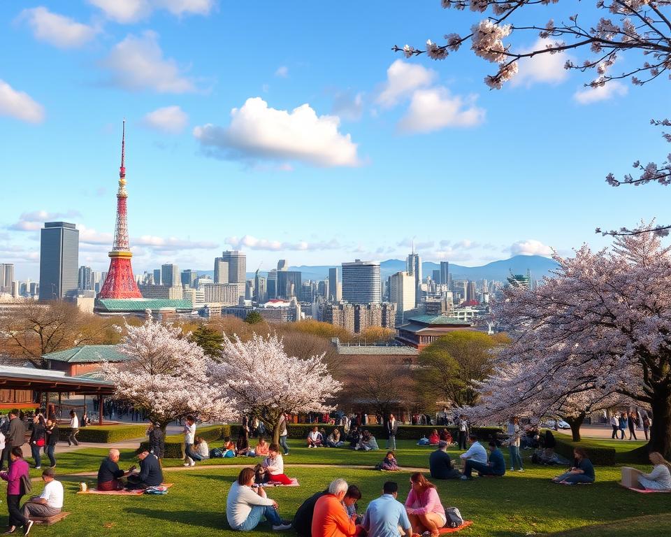 A vibrant cityscape of Tokyo during spring, showcasing cherry blossoms in full bloom. In the foreground, a serene park with people enjoying picnics and family gatherings, dressed in colorful, modest casual clothing. In the middle ground, iconic structures like Tokyo Tower and modern skyscrapers bustling with activity, highlighting the blend of tradition and innovation. The background features a clear blue sky with soft, fluffy clouds, and distant mountains. The lighting is warm and inviting, capturing the golden hour glow. The mood is lively yet tranquil, embodying the perfect travel atmosphere for various types of visitors exploring Tokyo's charm and beauty.