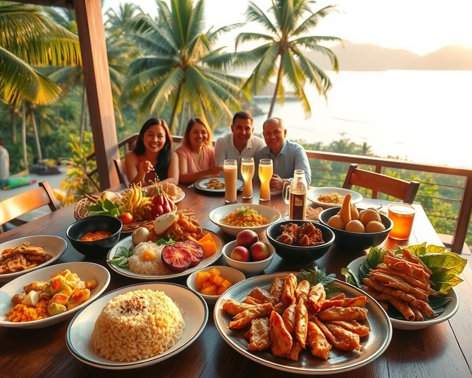 A vibrant culinary scene in Langkawi, Malaysia, showcasing a variety of traditional dishes beautifully presented on a wooden table. In the foreground, dishes like Nasi Lemak, Satay, and Laksa surround a colorful array of tropical fruits such as mangosteen and rambutan. The middle ground features cheerful diners, including a diverse group of friends enjoying their meal, dressed in modest, casual clothing. In the background, a lush tropical landscape with palm trees and hints of the ocean create a serene atmosphere. Warm, natural lighting bathes the scene in a golden hue, highlighting the textures of the food. The image captures the essence of culinary discoveries on Langkawi, evoking a sense of warmth, joy, and exploration. A vibrant culinary scene in Langkawi, Malaysia, showcasing a variety of traditional dishes beautifully presented on a wooden table. In the foreground, dishes like Nasi Lemak, Satay, and Laksa surround a colorful array of tropical fruits such as mangosteen and rambutan. The middle ground features cheerful diners, including a diverse group of friends enjoying their meal, dressed in modest, casual clothing. In the background, a lush tropical landscape with palm trees and hints of the ocean create a serene atmosphere. Warm, natural lighting bathes the scene in a golden hue, highlighting the textures of the food. The image captures the essence of culinary discoveries on Langkawi, evoking a sense of warmth, joy, and exploration.