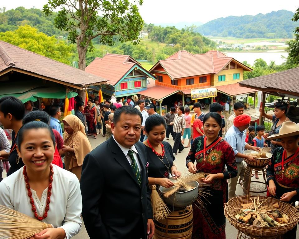 A vibrant cultural scene in Kuching, Borneo, showcasing an array of ethnic groups including the Iban, Bidayuh, and Malay people. In the foreground, a group of professionally dressed individuals engaged in traditional activities, such as weaving and cooking, highlighting their cultural heritage. The middle ground features colorful traditional houses and market stalls, adorned with ethnic decorations and handicrafts, bustling with people. In the background, the lush greenery of Borneo's rainforests and the Sarawak River create a serene landscape. Soft, warm lighting bathes the scene, enhancing the rich colors and details, captured from a slightly elevated angle to give depth and perspective. The atmosphere is lively and inviting, reflecting the diversity and warmth of Kuching’s communities.