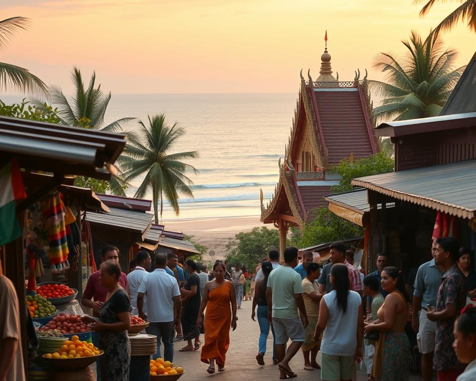 A vibrant cultural scene showcasing the essence of Tangalle, Sri Lanka. In the foreground, a traditional market bustling with vendors selling local handicrafts and fresh fruits, with people in modest casual clothing interacting warmly. In the middle ground, a beautifully decorated Buddhist temple, featuring ornate architecture and colorful flags, surrounded by tropical greenery. The background reveals the stunning coastline of Tangalle Beach, with gentle waves lapping against the shore and a soft sunset sky painted in hues of orange and pink. The atmosphere exudes warmth and community spirit, with soft golden lighting highlighting the details. The angle captures the scene in a slightly elevated view to encompass the blend of culture, nature, and local life, inviting viewers to engage with Tangalle's rich heritage.
