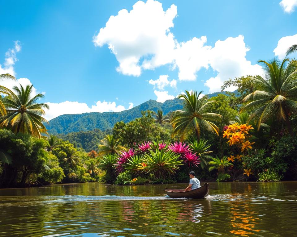 A vibrant, lush landscape of Kuching, Borneo, showcasing the region's tropical climate. In the foreground, a serene river reflects the deep greens of the dense rainforest, with palm trees gently swaying in the breeze. A small traditional wooden boat glides on the water, with a person in modest casual attire enjoying the tranquility. The middle layer features vivid flowering plants and exotic wildlife, adding bursts of color against the rich backdrop of foliage. In the background, majestic hills rise under a bright blue sky dotted with fluffy white clouds, hinting at an ideal sunny day. The scene is bathed in warm, soft sunlight, creating a peaceful and inviting atmosphere, capturing the essence of Kuching's best travel time. Use a wide-angle lens to emphasize the natural beauty and serenity of this tropical destination.