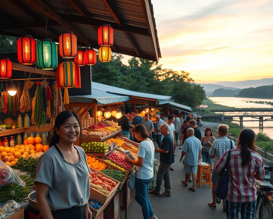 A vibrant market scene in Kanchanaburi during the golden hour, showcasing colorful stalls filled with fresh produce, local handicrafts, and fragrant street food. In the foreground, a cheerful vendor wearing modest casual clothing engages with customers, while a couple of visitors browse the goods. The middle ground features rustic wooden stalls adorned with hanging lanterns, illuminating the atmosphere with warm, soft lighting. In the background, the lush greenery of the riverbanks and the subtle silhouette of the River Kwai at sunset create a serene and inviting atmosphere. The sky is painted in hues of orange and pink, enhancing the tranquil mood of this evening market, inviting onlookers to explore the beauty of Kanchanaburi. Capture this idyllic moment with a wide-angle lens for an immersive effect.