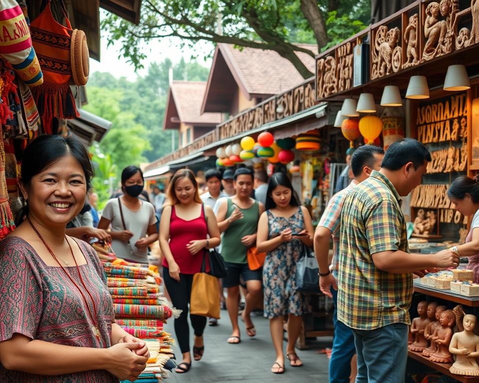 A vibrant market scene in Kuching, Borneo, showcasing a diverse array of stalls filled with colorful souvenirs and traditional handicrafts. In the foreground, a friendly vendor wearing modest casual clothing offers handmade textiles, while shoppers interact with enthusiasm, exploring intricate wood carvings and local artwork. The middle ground features a mix of shoppers of different ethnicities and ages, each engaged in the joyful experience of browsing through unique items. In the background, lush greenery and traditional Sarawak architecture create a picturesque setting. Soft, warm lighting enhances the lively atmosphere, capturing the essence of a bustling market day. The image should be framed at eye level, emphasizing the vibrant colors and cultural richness of Kuching's shopping scene.