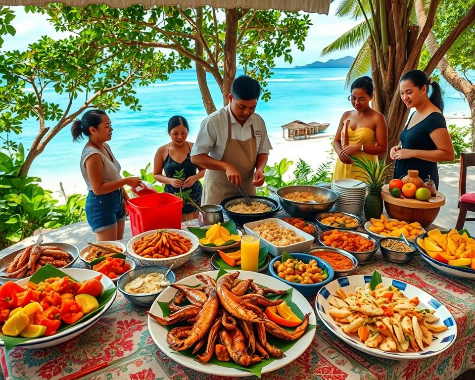 A vibrant outdoor scene showcasing the culinary delights of Pulau Tioman, Malaysia. In the foreground, a beautifully arranged table laden with a variety of colorful local dishes, such as fresh seafood, tropical fruits, and traditional Malay delicacies, expertly garnished for visual appeal. The middle ground features a skilled chef, dressed in modest casual attire, skillfully preparing food, while a few intrigued tourists observe, immersed in the experience. The background reveals lush greenery and pristine beach views, with clear blue waters gently lapping at the shore. The scene is bathed in soft, warm sunlight, enhancing the inviting atmosphere. Shot with a wide-angle lens to capture the vibrant colors and joyful interactions, conveying a mood of culinary exploration and discovery in paradise. A vibrant outdoor scene showcasing the culinary delights of Pulau Tioman, Malaysia. In the foreground, a beautifully arranged table laden with a variety of colorful local dishes, such as fresh seafood, tropical fruits, and traditional Malay delicacies, expertly garnished for visual appeal. The middle ground features a skilled chef, dressed in modest casual attire, skillfully preparing food, while a few intrigued tourists observe, immersed in the experience. The background reveals lush greenery and pristine beach views, with clear blue waters gently lapping at the shore. The scene is bathed in soft, warm sunlight, enhancing the inviting atmosphere. Shot with a wide-angle lens to capture the vibrant colors and joyful interactions, conveying a mood of culinary exploration and discovery in paradise.