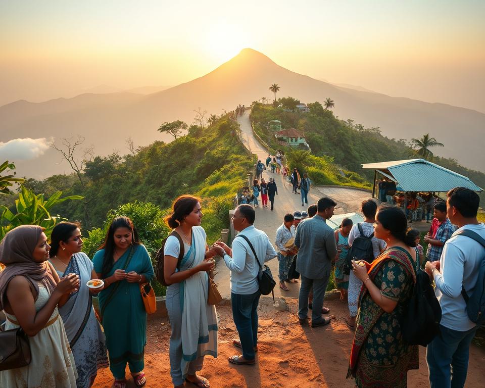 A vibrant scene at Adams Peak in Sri Lanka, capturing the rich cultural experiences at dawn. In the foreground, a group of diverse travelers of various ethnicities dressed in modest casual clothing, engaging in conversation and sharing local delicacies. In the middle ground, lush greenery and a winding path lead up the iconic mountain, with locals offering handmade crafts and traditional items to visitors. The background features the majestic silhouette of Adams Peak, bathed in the soft, golden light of the rising sun, casting long shadows across the landscape. The overall atmosphere is warm and inviting, evoking a sense of adventure and cultural connection. The image should be shot from a slightly elevated angle to encompass both the travelers and the breathtaking scenery, with a focus on the serene interplay of nature and community.