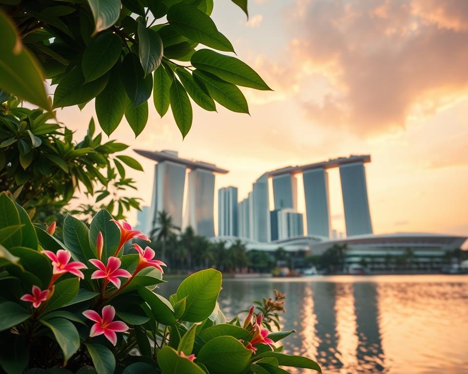 A vibrant scene capturing the essence of Malaysia and Singapore, showcasing a split-view design. In the foreground, lush green tropical foliage and exotic flowers, symbolizing the unspoiled nature of Malaysia. The middle layer features the iconic skyline of Singapore, with modern skyscrapers like Marina Bay Sands and the Gardens by the Bay, blending harmoniously with traditional Malay architecture. In the background, a sunset sky with warm hues of orange and pink creates a tranquil atmosphere. The composition is taken from a low angle, emphasizing the towering buildings against the natural beauty, with soft, golden hour lighting that highlights the reflections in the water. The mood is a harmonious blend of urban sophistication and serene nature.