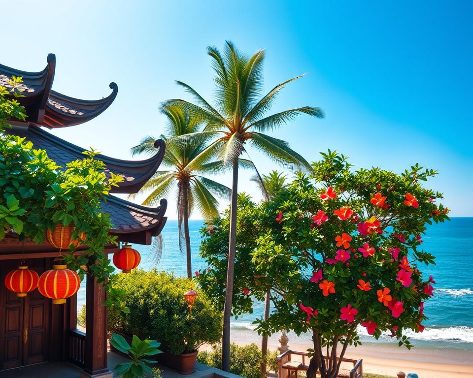 A vibrant scene capturing the essence of Sanya, China, showcasing a traditional Hainan-style architecture in the foreground with ornate wooden carvings and colorful lanterns. In the middle ground, lush tropical foliage including palm trees and blooming hibiscus flowers enhances the rich cultural atmosphere. The background features the serene South China Sea under a clear blue sky, with gentle waves lapping at the shore. The sunlight bathes the scene in a warm glow, creating a welcoming mood. Use a wide-angle lens to capture the expanse of the landscape, maintaining a sharp focus on the architectural details. The overall ambiance is lively yet tranquil, representing the harmony of history and culture in Sanya. A vibrant scene capturing the essence of Sanya, China, showcasing a traditional Hainan-style architecture in the foreground with ornate wooden carvings and colorful lanterns. In the middle ground, lush tropical foliage including palm trees and blooming hibiscus flowers enhances the rich cultural atmosphere. The background features the serene South China Sea under a clear blue sky, with gentle waves lapping at the shore. The sunlight bathes the scene in a warm glow, creating a welcoming mood. Use a wide-angle lens to capture the expanse of the landscape, maintaining a sharp focus on the architectural details. The overall ambiance is lively yet tranquil, representing the harmony of history and culture in Sanya.