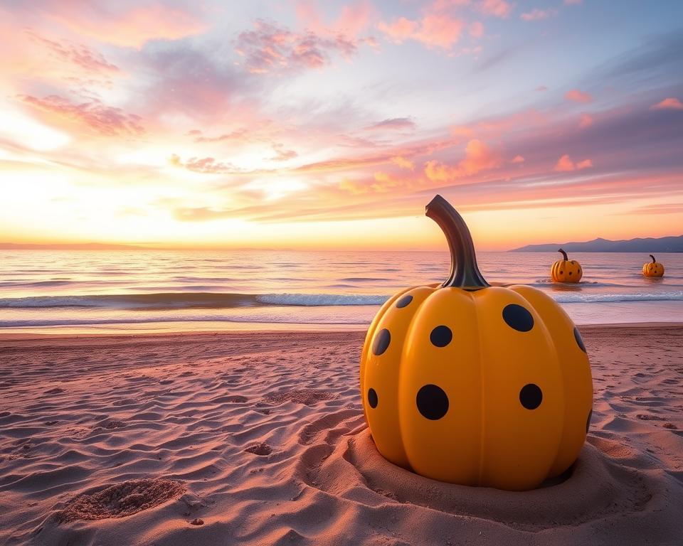 A vibrant scene capturing the iconic pumpkin sculptures on Naoshima Island, set against a stunning seaside backdrop. In the foreground, a large, bold yellow pumpkin sculpture with black dots stands prominently on a smooth, sandy beach. The middle ground features gentle waves lapping at the shore, reflecting the brilliant hues of sunset. In the background, the distant outline of the Seto Inland Sea merges with the sky, painted in shades of orange, pink, and purple. Soft, warm lighting bathes the scene, evoking a calm and serene atmosphere. Utilize a wide-angle lens to encompass both the sculptures and the expansive ocean view, enhancing the sense of place and artistic wonder inherent to Naoshima.