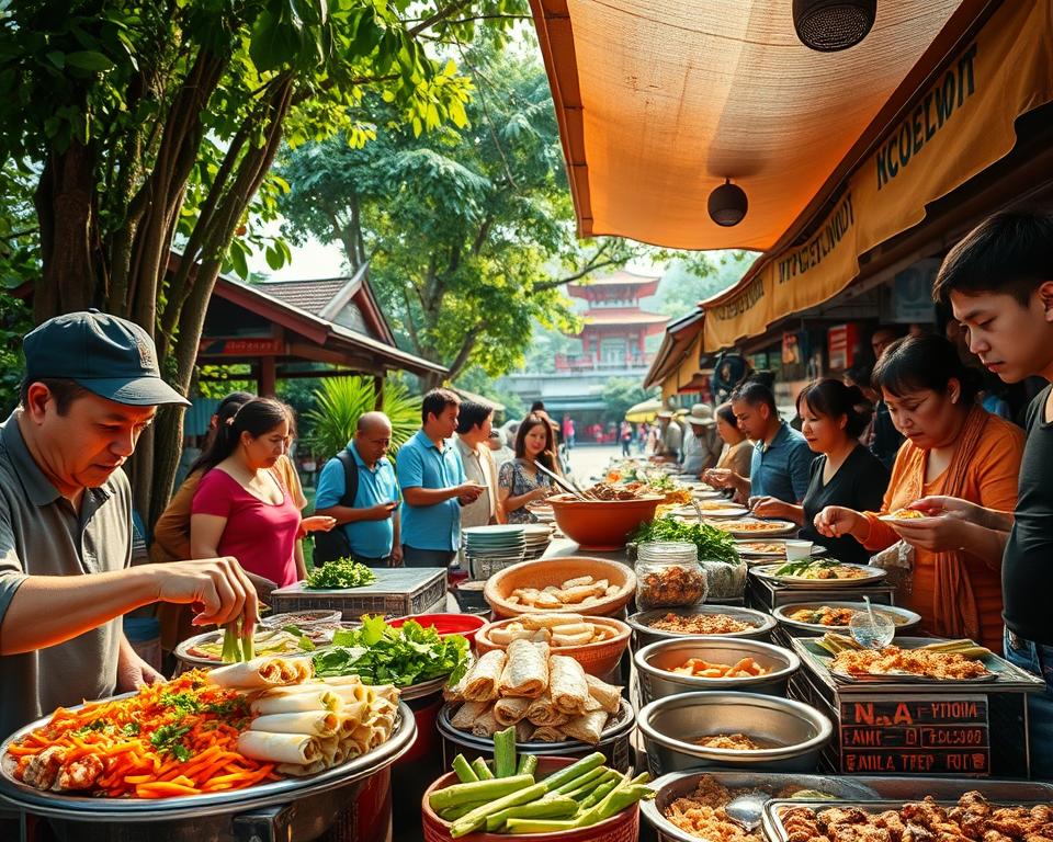 A vibrant scene depicting a bustling street food market in southern Vietnam, showcasing a variety of tantalizing dishes. In the foreground, a vendor skillfully prepares fresh spring rolls, surrounded by colorful ingredients like herbs, vegetables, and chopped meat. In the middle, hungry customers, dressed in casual, modest clothing, eagerly sample dishes like pho, banh mi, and grilled seafood from various stalls. The background features lush greenery intertwined with traditional architecture, perhaps a pagoda or wooden houses. Soft, warm sunlight filters through overhead fabric shades, creating an inviting atmosphere. The image captures the essence of Vietnamese culture with rich colors and lively interactions, evoking a sense of culinary adventure. Focus through a wide-angle lens to accentuate the vibrant hustle and bustle.