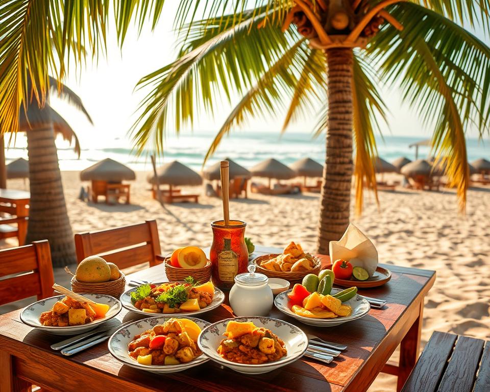 A vibrant scene depicting a traditional Sri Lankan dining experience in Tangalle, featuring an inviting wooden table set under a palm tree, adorned with an array of colorful, freshly prepared local dishes such as spicy fish curry, coconut sambol, and vibrant tropical fruits. In the foreground, include a charming setting with decorative plates and cutlery, illuminated by warm, soft sunlight, casting gentle shadows. The middle ground portrays the soothing waves of Tangalle Beach in the background, with golden sand and lush greenery surrounding the area, enhancing the tropical atmosphere. The overall mood is warm and inviting, capturing the essence of a culinary paradise by the seaside, evoking a sense of relaxation and enjoyment.