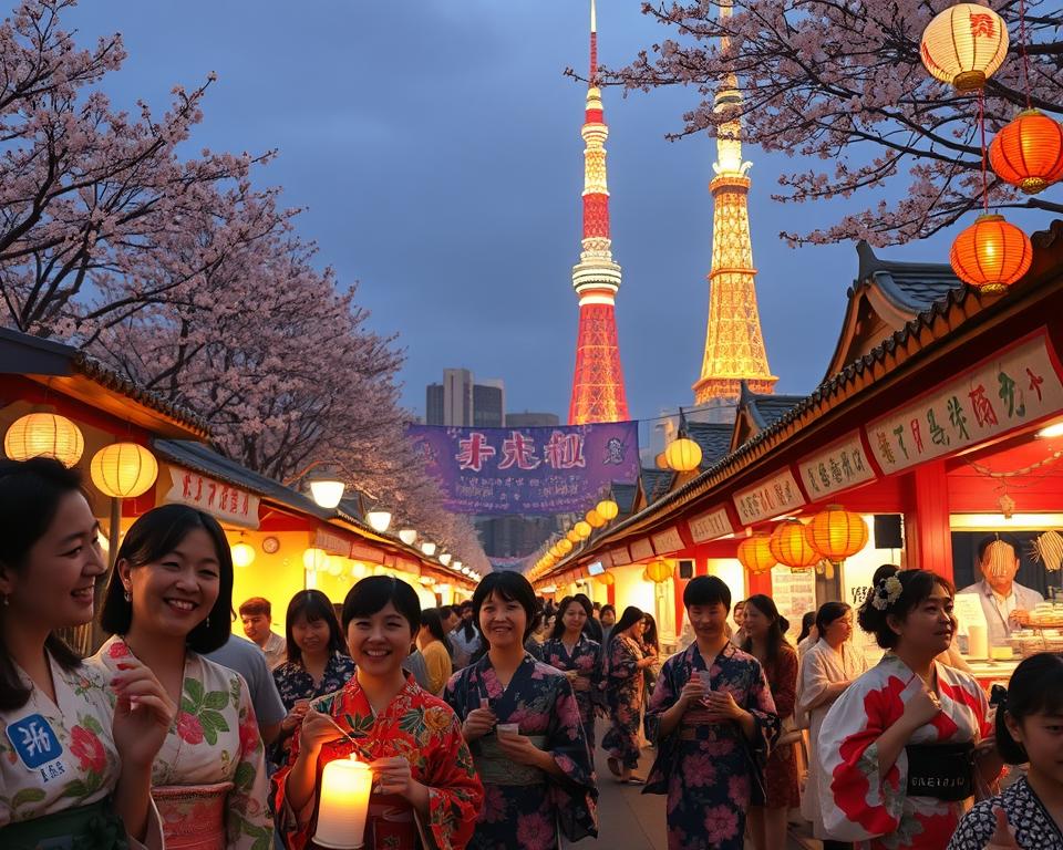 A vibrant scene depicting a traditional festival in Tokyo, celebrating cultural heritage. In the foreground, a group of people dressed in colorful yukatas, smiling and enjoying the festivities, holding lanterns and traditional snacks. The middle ground features an array of beautifully decorated festival stalls, adorned with bright lights and colorful banners, selling local crafts and street food. In the background, iconic Tokyo landmarks like the Tokyo Tower and cherry blossom trees create a stunning skyline, enhancing the atmosphere of joy and celebration. The lighting is bright and festive, with warm hues from lanterns casting a golden glow. The angle is slightly elevated, providing a panoramic view of the lively scene, evoking a sense of excitement and community.