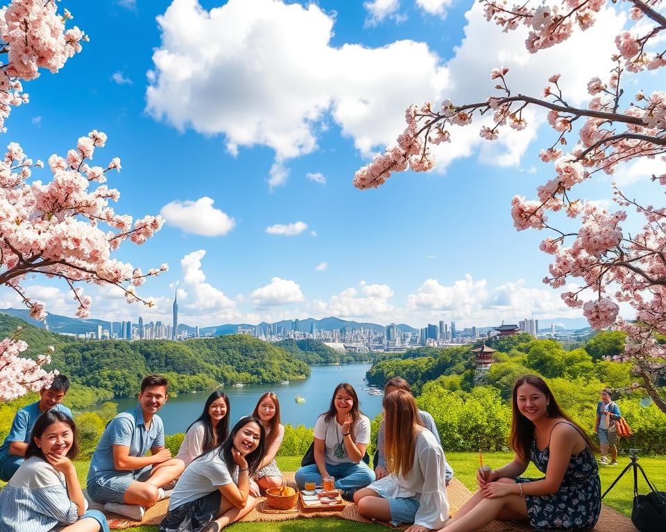 A vibrant scene depicting seasonal day trips from Tokyo, focusing on a picturesque landscape in summer. In the foreground, a group of diverse tourists in modest casual clothing is enjoying a traditional Japanese picnic under cherry blossom trees, their joyful expressions captured in natural lighting. In the middle ground, a serene lake reflects the lush greenery of the surrounding hills, dotted with colorful boats. The background showcases the iconic skyline of Tokyo, blending modern architecture with historical elements like a distant temple. The sky is a bright blue with fluffy white clouds, conveying a warm and inviting atmosphere. Shot with a wide-angle lens to capture the expansive scenery, emphasizing the harmony of nature and urban life.