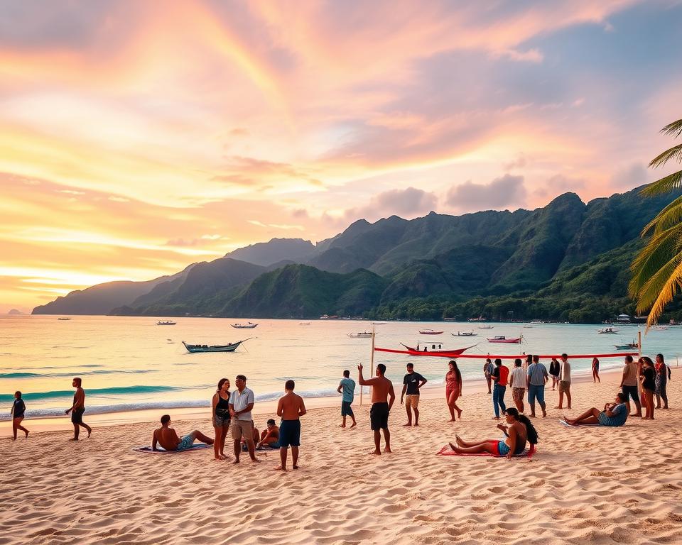 A vibrant scene of Langkawi's lush tropical landscape during a picturesque sunset, emphasizing the natural beauty of the island. In the foreground, a welcoming beach with soft golden sand, where a group of diverse travelers in modest casual attire are enjoying various activities, like beach volleyball and sunbathing. In the middle ground, the tranquil turquoise waters gently lapping at the shore, dotted with small traditional boats. The background features the striking, green-clad hills of Langkawi, under a sky ablaze with warm hues of orange, pink, and purple as the sun sets. The atmosphere is relaxed and joyful, capturing the essence of an ideal vacation time in Langkawi, with soft, diffused lighting creating a serene yet vibrant mood. The angle should be slightly elevated, providing a panoramic view of this tropical paradise. A vibrant scene of Langkawi's lush tropical landscape during a picturesque sunset, emphasizing the natural beauty of the island. In the foreground, a welcoming beach with soft golden sand, where a group of diverse travelers in modest casual attire are enjoying various activities, like beach volleyball and sunbathing. In the middle ground, the tranquil turquoise waters gently lapping at the shore, dotted with small traditional boats. The background features the striking, green-clad hills of Langkawi, under a sky ablaze with warm hues of orange, pink, and purple as the sun sets. The atmosphere is relaxed and joyful, capturing the essence of an ideal vacation time in Langkawi, with soft, diffused lighting creating a serene yet vibrant mood. The angle should be slightly elevated, providing a panoramic view of this tropical paradise.