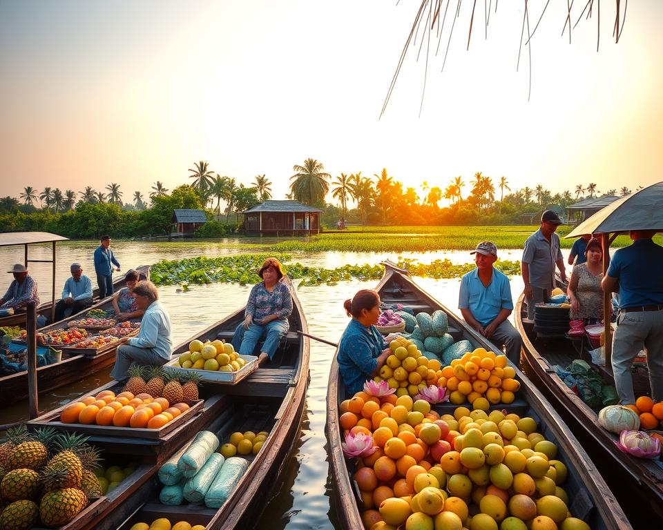 A vibrant scene of floating markets in the Mekong Delta, Vietnam. In the foreground, traditional wooden boats laden with colorful fruits and vegetables, showcasing local produce like pineapples, mangoes, and lotus flowers. Market vendors, dressed in modest casual clothing, engage in cheerful conversation while customers browse the offerings. In the middle ground, lush green vegetation and palm trees line the bank, with small stilt houses in view, reflecting authentic rural life. The background features gentle ripples on the water under a warm, golden sunrise, casting soft light and creating a serene atmosphere. The composition captures the bustling energy and cultural richness of the floating market, photographed from a slightly elevated angle for depth and perspective. The overall mood is lively and inviting, embodying the beauty of southern Vietnam.