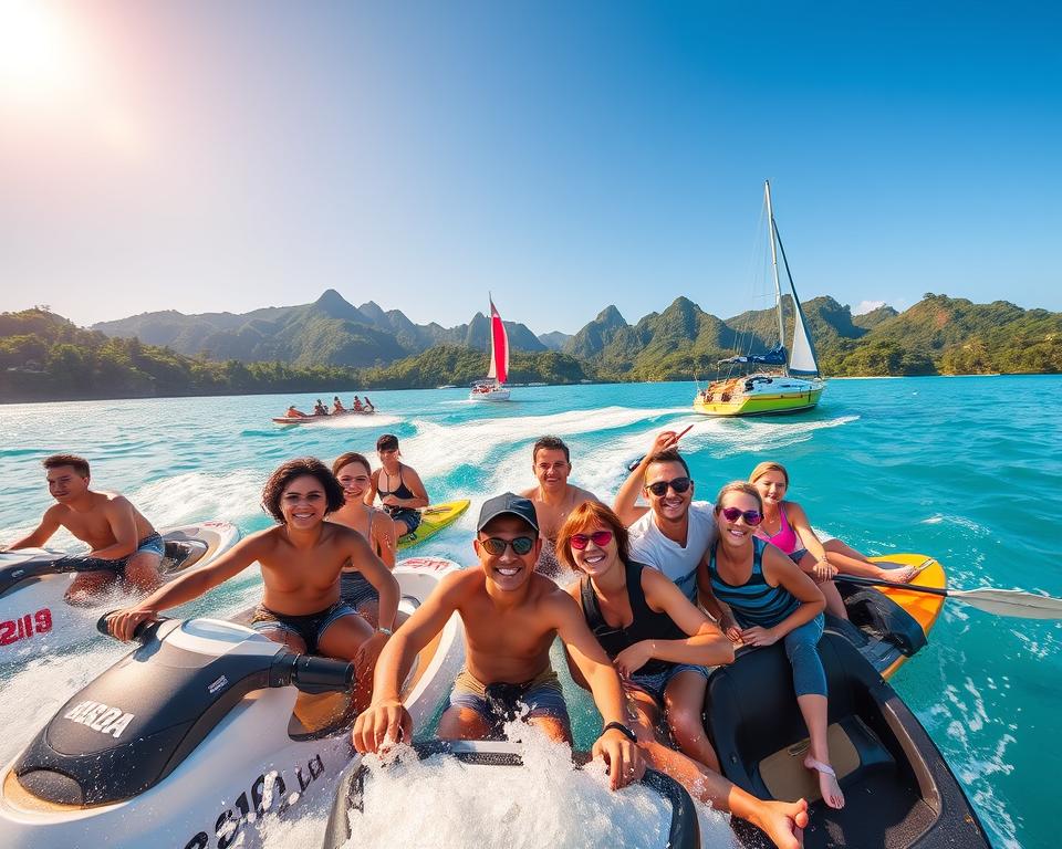 A vibrant scene of water sports in Langkawi, Malaysia, capturing the essence of adventure and excitement. In the foreground, a diverse group of enthusiastic participants in modest casual attire engages in various activities like jet skiing, parasailing, and kayaking, their smiles reflecting joy and thrill. The middle ground features a stunning turquoise sea with gentle waves, surrounded by lush green tropical vegetation along the shoreline. A colorful sailboat glides gracefully through the water, adding a dynamic element to the composition. In the background, the iconic Langkawi hills rise majestically under a clear blue sky, with the sun casting a warm golden glow over the scene, enhancing the atmosphere of a perfect beach day. The angle is a wide shot, showcasing the vibrant energy of Wassersport activities in an idyllic setting. A vibrant scene of water sports in Langkawi, Malaysia, capturing the essence of adventure and excitement. In the foreground, a diverse group of enthusiastic participants in modest casual attire engages in various activities like jet skiing, parasailing, and kayaking, their smiles reflecting joy and thrill. The middle ground features a stunning turquoise sea with gentle waves, surrounded by lush green tropical vegetation along the shoreline. A colorful sailboat glides gracefully through the water, adding a dynamic element to the composition. In the background, the iconic Langkawi hills rise majestically under a clear blue sky, with the sun casting a warm golden glow over the scene, enhancing the atmosphere of a perfect beach day. The angle is a wide shot, showcasing the vibrant energy of Wassersport activities in an idyllic setting.
