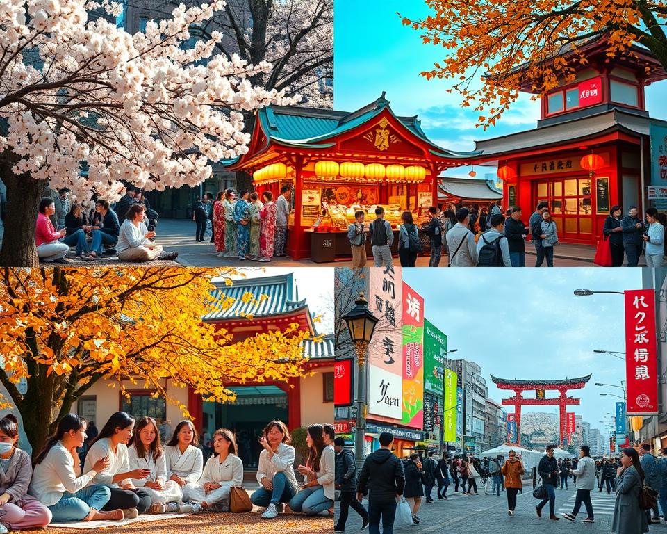 A vibrant scene showcasing seasonal activities in Tokyo, Japan, divided into four quadrants representing spring, summer, autumn, and winter. In the foreground, cherry blossoms bloom in spring with people picnicking under the trees wearing light, modest clothing. The middle section depicts a lively summer festival with people enjoying traditional yukatas amidst colorful lanterns and food stalls, illuminated by warm, golden lighting. In autumn, golden leaves cascade around visitors taking photos in front of historic temples, captured in soft afternoon light. Finally, the winter quadrant features a serene snowfall over the iconic Shibuya Crossing, with people bundled in warm attire, creating a cozy and festive atmosphere. The overall mood is joyful and celebratory, with each season distinctly represented.