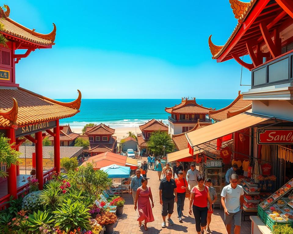 A vibrant scene showcasing the cultural attractions of Sanya, China. In the foreground, depict a traditional Chinese temple with ornate red and gold architecture, surrounded by lush greenery and colorful flowers. In the middle ground, include a bustling marketplace with vendors selling local handicrafts and foods, featuring people in modest casual clothing enjoying the atmosphere. In the background, illustrate the stunning coastline of Sanya, with gentle waves lapping at the shore under a bright blue sky. The sunlight creates a warm and inviting mood, highlighting the vibrant colors of the scene. Use a wide-angle lens to capture the expansive view, ensuring the harmony between the cultural elements and natural beauty. A vibrant scene showcasing the cultural attractions of Sanya, China. In the foreground, depict a traditional Chinese temple with ornate red and gold architecture, surrounded by lush greenery and colorful flowers. In the middle ground, include a bustling marketplace with vendors selling local handicrafts and foods, featuring people in modest casual clothing enjoying the atmosphere. In the background, illustrate the stunning coastline of Sanya, with gentle waves lapping at the shore under a bright blue sky. The sunlight creates a warm and inviting mood, highlighting the vibrant colors of the scene. Use a wide-angle lens to capture the expansive view, ensuring the harmony between the cultural elements and natural beauty.