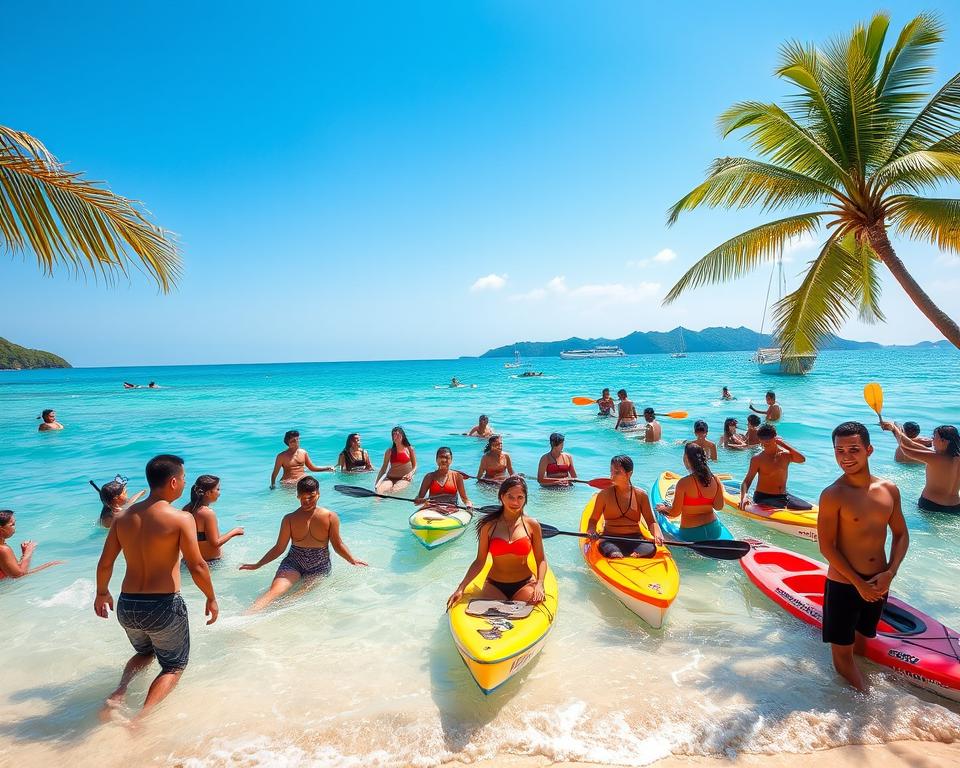 A vibrant scene showcasing water sports on Pulau Tioman, Malaysia, featuring a bright turquoise sea under a clear blue sky. In the foreground, a diverse group of individuals dressed in modest swimwear and sports attire engages in various activities like snorkeling, kayaking, and paddleboarding. The middle ground reveals colorful kayaks and snorkel gear on the beach, with gentle waves lapping at the shore. Lush green palm trees frame the scene, adding to the tropical paradise atmosphere. In the background, small boats and a distant horizon line are visible, hinting at the adventurous spirit of the island. Soft, warm sunlight casts a golden hue over the scene, evoking a sense of joy and exploration in this idyllic coastal setting. A vibrant scene showcasing water sports on Pulau Tioman, Malaysia, featuring a bright turquoise sea under a clear blue sky. In the foreground, a diverse group of individuals dressed in modest swimwear and sports attire engages in various activities like snorkeling, kayaking, and paddleboarding. The middle ground reveals colorful kayaks and snorkel gear on the beach, with gentle waves lapping at the shore. Lush green palm trees frame the scene, adding to the tropical paradise atmosphere. In the background, small boats and a distant horizon line are visible, hinting at the adventurous spirit of the island. Soft, warm sunlight casts a golden hue over the scene, evoking a sense of joy and exploration in this idyllic coastal setting.