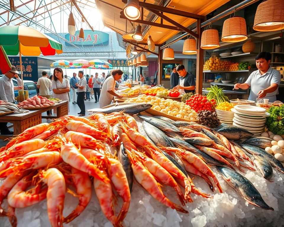 A vibrant seafood market in Sanya, China, showcasing an array of fresh seafood delicacies. In the foreground, elegant shrimp, colorful fish, and shells displayed on ice, glistening under bright, natural sunlight. The middle ground features local vendors, modestly dressed, skillfully preparing dishes with fresh ingredients, surrounded by vibrant fruits and vegetables. In the background, hints of the bustling market scene with colorful umbrellas and customers engaging in conversations, evoking a lively and inviting atmosphere. The scene captures the essence of culinary delights, with warm lighting creating a welcoming and friendly ambiance, perfect for highlighting Sanya’s local cuisine. A wide-angle view emphasizes the richness and diversity of the food culture without any text or distractions. A vibrant seafood market in Sanya, China, showcasing an array of fresh seafood delicacies. In the foreground, elegant shrimp, colorful fish, and shells displayed on ice, glistening under bright, natural sunlight. The middle ground features local vendors, modestly dressed, skillfully preparing dishes with fresh ingredients, surrounded by vibrant fruits and vegetables. In the background, hints of the bustling market scene with colorful umbrellas and customers engaging in conversations, evoking a lively and inviting atmosphere. The scene captures the essence of culinary delights, with warm lighting creating a welcoming and friendly ambiance, perfect for highlighting Sanya’s local cuisine. A wide-angle view emphasizes the richness and diversity of the food culture without any text or distractions.