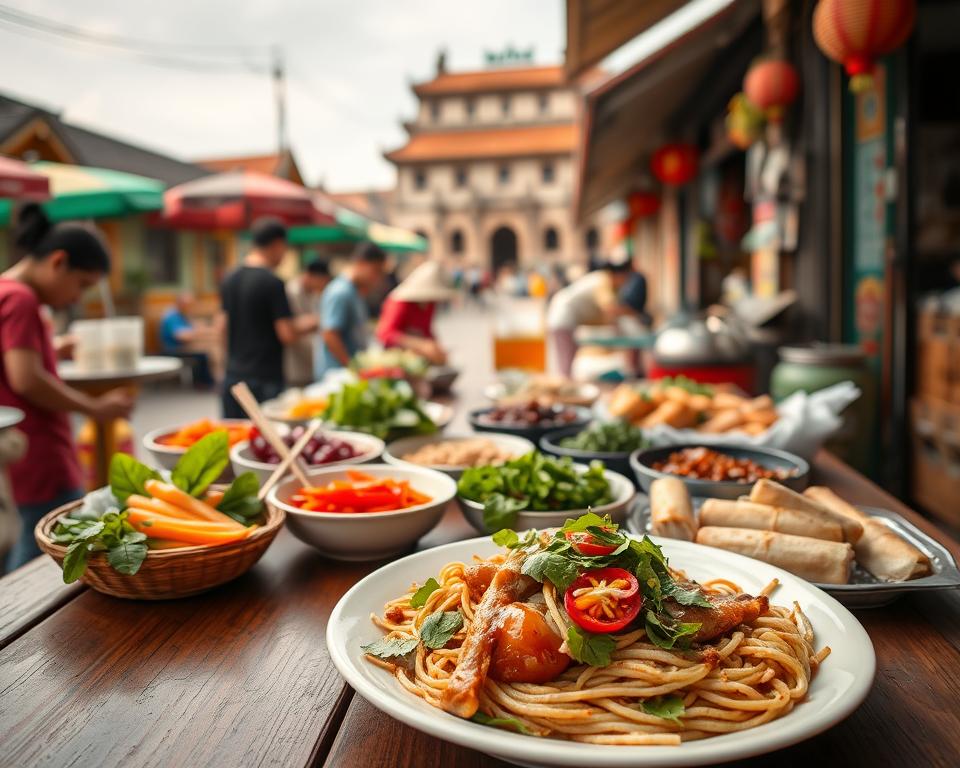 A vibrant street food scene in Hue, Vietnam, featuring a variety of traditional dishes beautifully arranged on a rustic wooden table. In the foreground, a plate of Bún bò Huế, garnished with fresh herbs and bright chili, alongside crispy bánh bèo and spring rolls. The middle ground showcases local vendors preparing dishes, with colorful ingredients and spices displayed prominently. In the background, the ancient architecture of Hue’s Imperial City softly blurred, with warm sunlight filtering through. The overall mood is lively and inviting, reflecting the rich culinary culture of Hue. Use natural lighting to enhance the colors of the food, and a slightly elevated angle to capture the bustling atmosphere, creating an immersive experience for the viewer.
