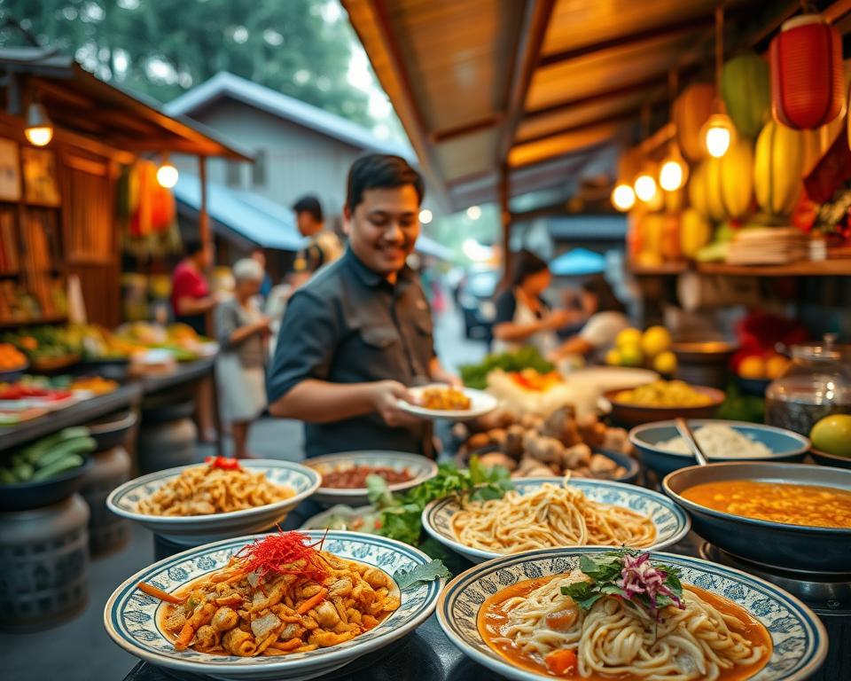 A vibrant street food scene in Kuching, Borneo, showcasing the rich culinary culture. In the foreground, a colorful array of local dishes like Sarawak laksa, and kolo mee, artfully presented on traditional plates with garnishes. A slightly blurred figure of a modestly dressed local chef, smiling as they serve a dish. In the middle ground, a bustling market atmosphere with wooden stalls filled with fresh ingredients, spices, and tropical fruits, under warm golden lighting. The background features traditional wooden longhouses and lush greenery, hinting at the unique cultural heritage. The mood is lively and inviting, capturing the essence of Kuching’s culinary discoveries, with a shallow depth of field to emphasize the food and the chef.