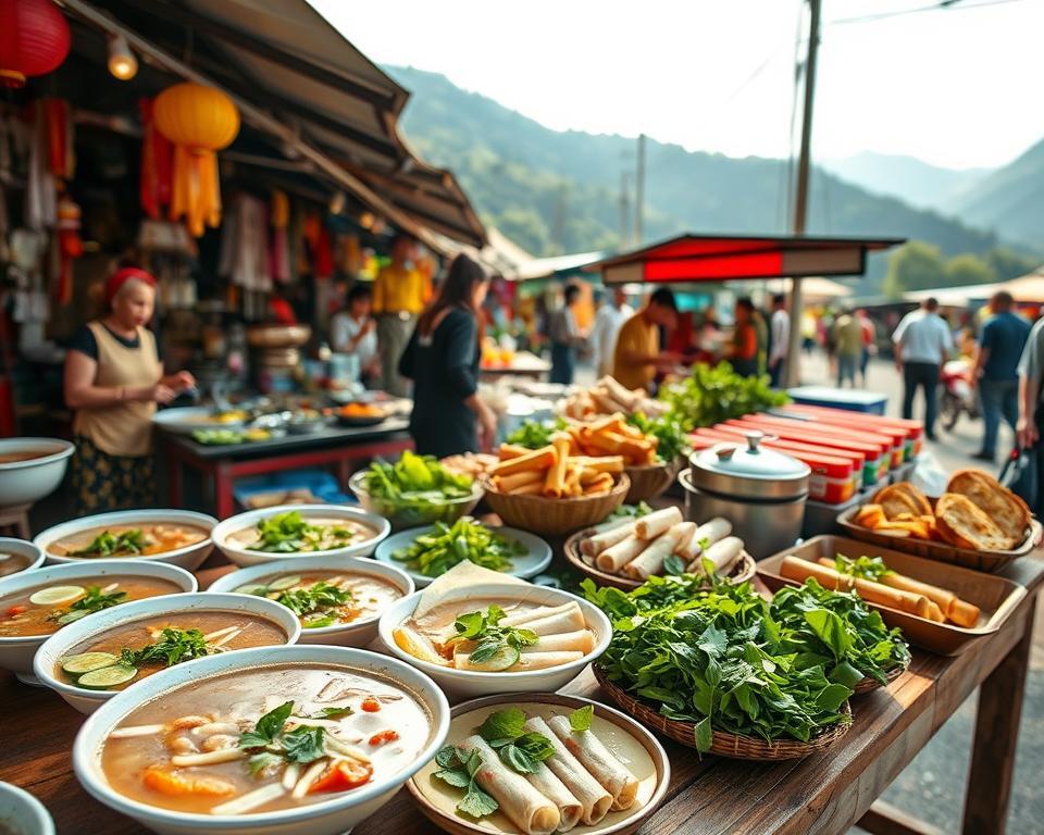 A vibrant street market in Northern Vietnam, showcasing a rich array of traditional Vietnamese dishes. In the foreground, a wooden table laden with colorful plates of Pho, fresh spring rolls, and Banh Mi, garnished with fragrant herbs. The middle ground features local vendors in modest casual clothing, expertly preparing food and interacting with customers. The background reveals lush green hills and a bustling market atmosphere under soft, warm sunlight. The scene is alive with vivid colors and the inviting aroma of street food, capturing the essence of culinary exploration. Use a slightly elevated angle to provide a comprehensive view of the market and the food, evoking a sense of warmth and community in this cultural culinary journey. A vibrant street market in Northern Vietnam, showcasing a rich array of traditional Vietnamese dishes. In the foreground, a wooden table laden with colorful plates of Pho, fresh spring rolls, and Banh Mi, garnished with fragrant herbs. The middle ground features local vendors in modest casual clothing, expertly preparing food and interacting with customers. The background reveals lush green hills and a bustling market atmosphere under soft, warm sunlight. The scene is alive with vivid colors and the inviting aroma of street food, capturing the essence of culinary exploration. Use a slightly elevated angle to provide a comprehensive view of the market and the food, evoking a sense of warmth and community in this cultural culinary journey.