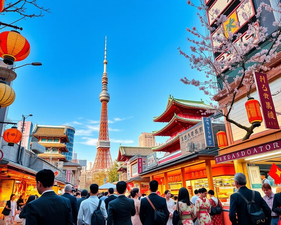 A vibrant street scene during a festive holiday in Tokyo, showcasing the city's unique blend of tradition and modernity. In the foreground, a group of tourists dressed in professional business attire and modest casual clothing, admiring colorful lanterns and cherry blossoms. The middle ground features a bustling street market adorned with vibrant decorations, vendors selling traditional snacks, and locals dressed in yukatas. In the background, iconic Tokyo landmarks like Tokyo Tower and the historic Senso-ji Temple are visible under a clear blue sky. Soft, warm lighting casts a cheerful glow across the scene, hinting at a joyful atmosphere. Capture this moment from a slightly elevated angle to emphasize the energetic vibe of the holiday celebrations.