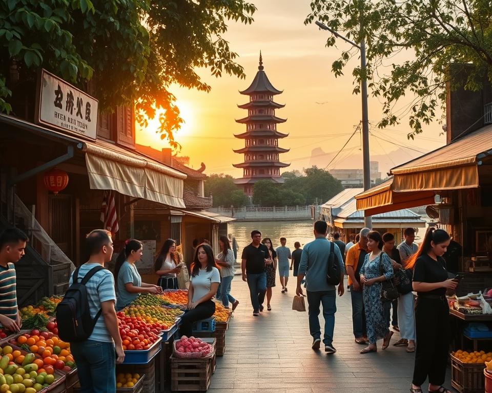 A vibrant street scene in Hue, Vietnam, during the golden hour, showcasing traditional Vietnamese architecture. In the foreground, a bustling market stall displays colorful fresh fruits and local crafts. People, including travelers in modest casual clothing and local vendors in traditional attire, engage in friendly interactions. The middle ground features the iconic Thien Mu Pagoda with its distinct seven-story tower, surrounded by lush greenery. In the background, the tranquil Perfume River reflects the warm tones of the sunset, creating a serene atmosphere. The image should capture the lively spirit of Hue while conveying a sense of cultural richness and budget-friendly travel. Use soft, diffused lighting to enhance the inviting mood and a wide-angle perspective to encompass the vibrant surroundings.
