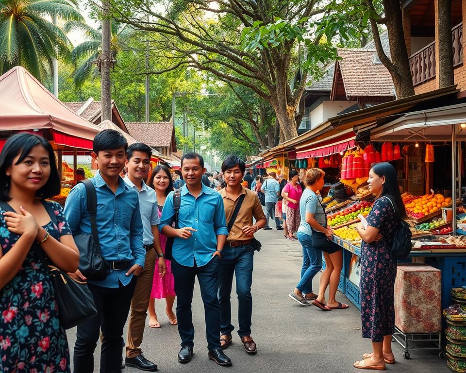 A vibrant street scene in Kuching, Borneo, showcasing local life with an emphasis on safety. In the foreground, a group of diverse travelers in professional attire engaging positively with friendly local vendors, emphasizing a sense of community. The middle ground features a well-lit market with colorful stalls selling handicrafts and fresh produce, captured in natural daylight. Lush tropical trees and traditional Sarawak architecture form the background, harmonizing the scene. Use a low-angle perspective to create depth, highlighting the welcoming atmosphere of Kuching. Soft, warm lighting enhances the inviting mood, ensuring the image reflects a safe and enjoyable environment for travelers.