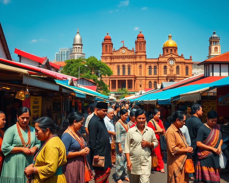 A vibrant street scene in Kuching, Borneo, showcasing the rich cultural heritage of the area. In the foreground, a diverse group of people dressed in modest traditional attire can be seen engaging with local artisans, showcasing their crafts such as intricate beadwork and handmade textiles. The middle ground features a bustling market filled with colorful stalls displaying traditional food, crafts, and artworks under bright, warm lighting. In the background, iconic structures like the Sarawak Legislative Assembly building and historical colonial architecture create a striking skyline against a clear blue sky. The atmosphere is lively and inviting, filled with the scent of local cuisine and the sounds of laughter and conversation, capturing the essence of Kuching's cultural treasures. Use a wide-angle lens to enhance the sense of depth and vibrancy.